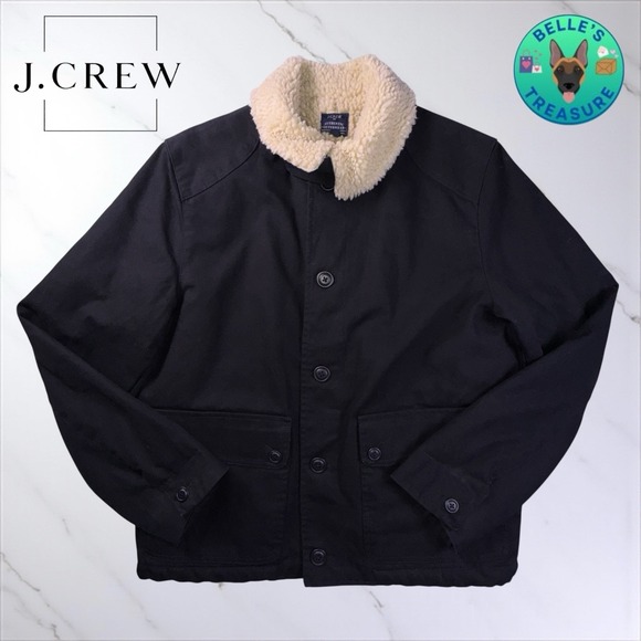 J.Crew Chore Barn Coat Mens Large Black Canvas Sherpa Lined  Button Up Jacket - Picture 1 of 13
